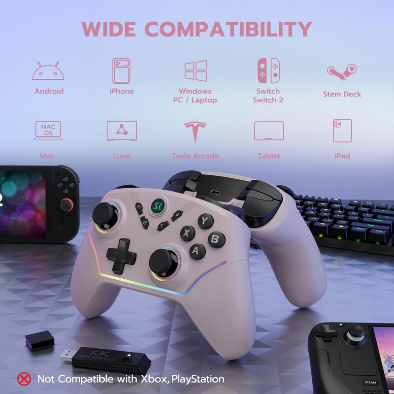 ISHAKO Wireless Gaming Controller – 1000Hz Polling, 1200mAh Battery PC Controller, Back Buttons, Hall effect Joystick, Hall Triggers, 3-Mode Triggers 2.4G&Bluetooth Controller for PC/Steam/iPhone/Android/Switch -Metallic Berry Powder - Image 2